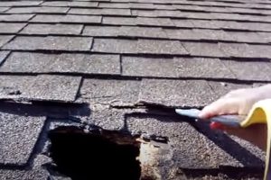 Meridian Roofing worker fixing and repairing a hole on roof